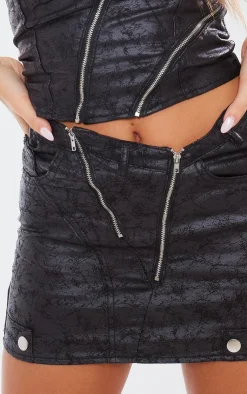 Outlet PrettyLittleThing Waxed Denim Zip Detail Micro Mini Skirt Black
