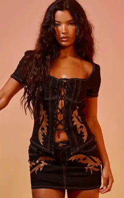Online PrettyLittleThing Western Patch Detail Denim Corset Black