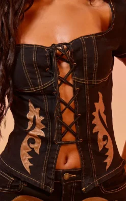Online PrettyLittleThing Western Patch Detail Denim Corset Black