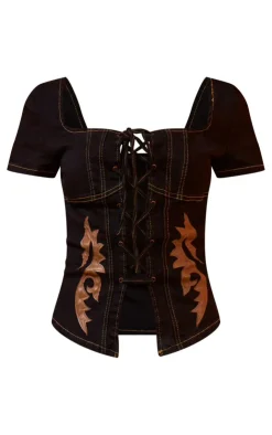 Online PrettyLittleThing Western Patch Detail Denim Corset Black