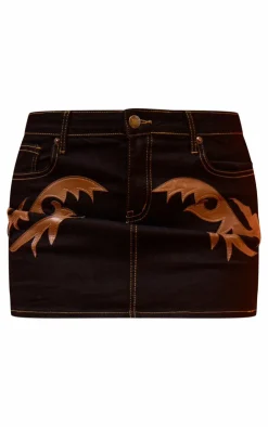 Hot PrettyLittleThing Western Patch Detail Denim Mini Skirt Black