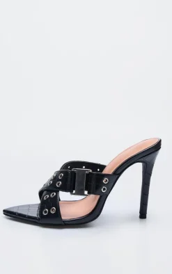 PrettyLittleThing Mules*Wide Fit Croc Pu Point Toe Buckle Detail Heeled Mules