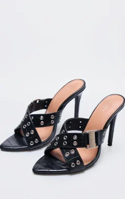 PrettyLittleThing Mules*Wide Fit Croc Pu Point Toe Buckle Detail Heeled Mules