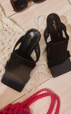 PrettyLittleThing Wide Fit Heels*Wide Fit Crochet Strap Square Toe Mid Heeled Mules