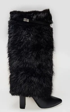 PrettyLittleThing Wide Fit Boots*Wide Fit Faux Fur Fold Over Belt Detail Heeled Boots