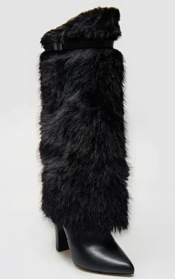 PrettyLittleThing Wide Fit Boots*Wide Fit Faux Fur Fold Over Belt Detail Heeled Boots