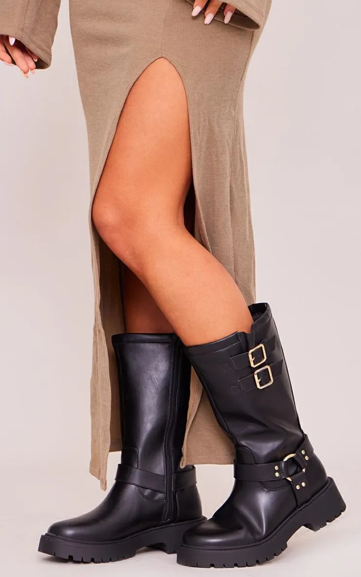 PrettyLittleThing Wide Fit Boots*Wide Fit Faux Leather Double Buckled Calf High Boots