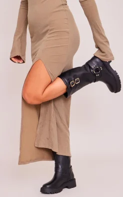 PrettyLittleThing Wide Fit Boots*Wide Fit Faux Leather Double Buckled Calf High Boots