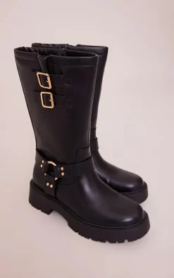 PrettyLittleThing Wide Fit Boots*Wide Fit Faux Leather Double Buckled Calf High Boots