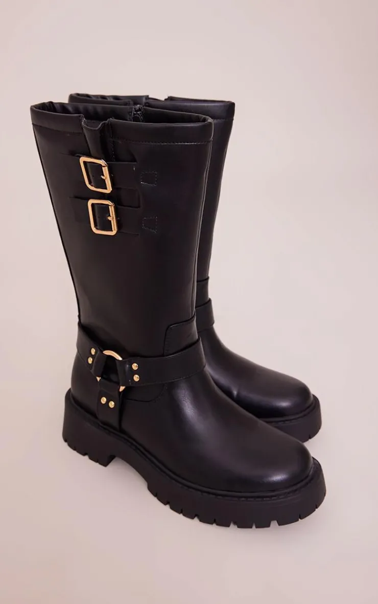 PrettyLittleThing Wide Fit Boots*Wide Fit Faux Leather Double Buckled Calf High Boots