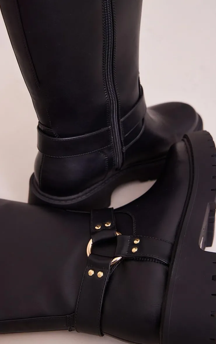 PrettyLittleThing Wide Fit Boots*Wide Fit Faux Leather Double Buckled Calf High Boots