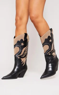PrettyLittleThing Wide Fit Boots*Wide Fit Faux Leather Point Toe Stitch Calf High Western Boots