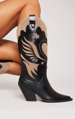 PrettyLittleThing Wide Fit Boots*Wide Fit Faux Leather Point Toe Stitch Calf High Western Boots