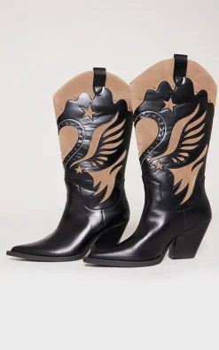 PrettyLittleThing Wide Fit Boots*Wide Fit Faux Leather Point Toe Stitch Calf High Western Boots