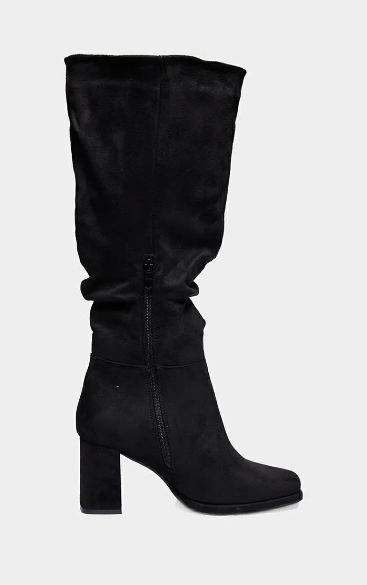 PrettyLittleThing Knee High Boots*Wide Fit Faux Suede Square Toe Ruched High Blocked Heeled Knee Boots