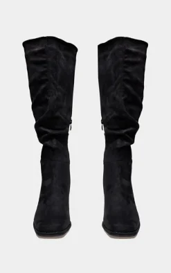 PrettyLittleThing Knee High Boots*Wide Fit Faux Suede Square Toe Ruched High Blocked Heeled Knee Boots