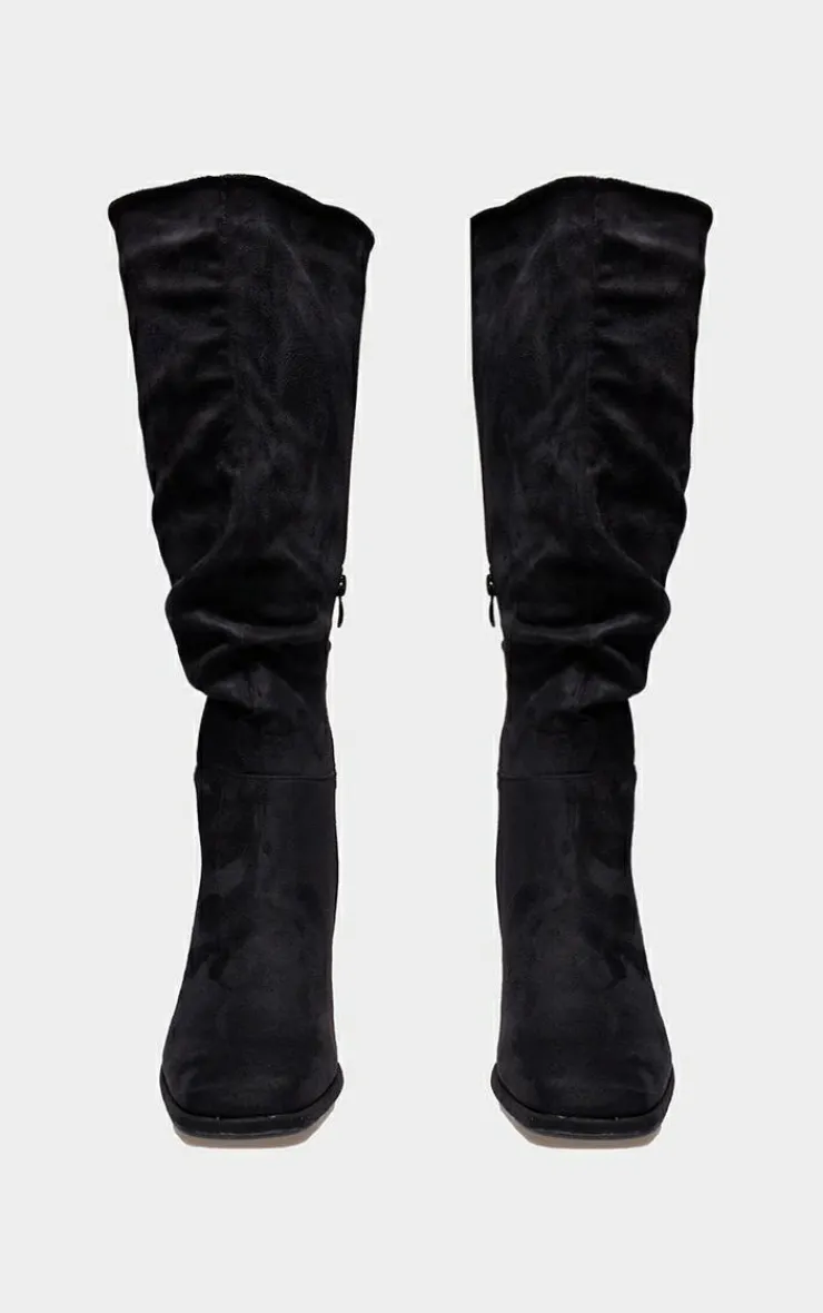 PrettyLittleThing Knee High Boots*Wide Fit Faux Suede Square Toe Ruched High Blocked Heeled Knee Boots