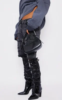 PrettyLittleThing Wide Fit Heels*Wide Fit Patent Pu Point Toe Buckle Ruched Block Heel Knee Boots
