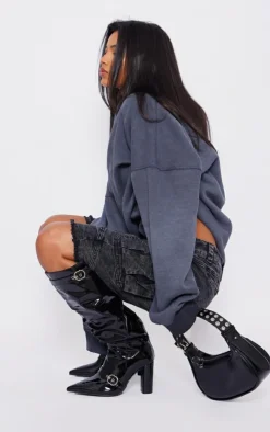 PrettyLittleThing Wide Fit Heels*Wide Fit Patent Pu Point Toe Buckle Ruched Block Heel Knee Boots