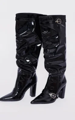 PrettyLittleThing Wide Fit Heels*Wide Fit Patent Pu Point Toe Buckle Ruched Block Heel Knee Boots