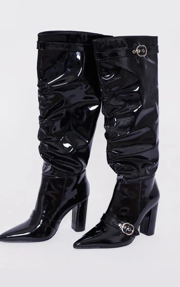 PrettyLittleThing Wide Fit Heels*Wide Fit Patent Pu Point Toe Buckle Ruched Block Heel Knee Boots