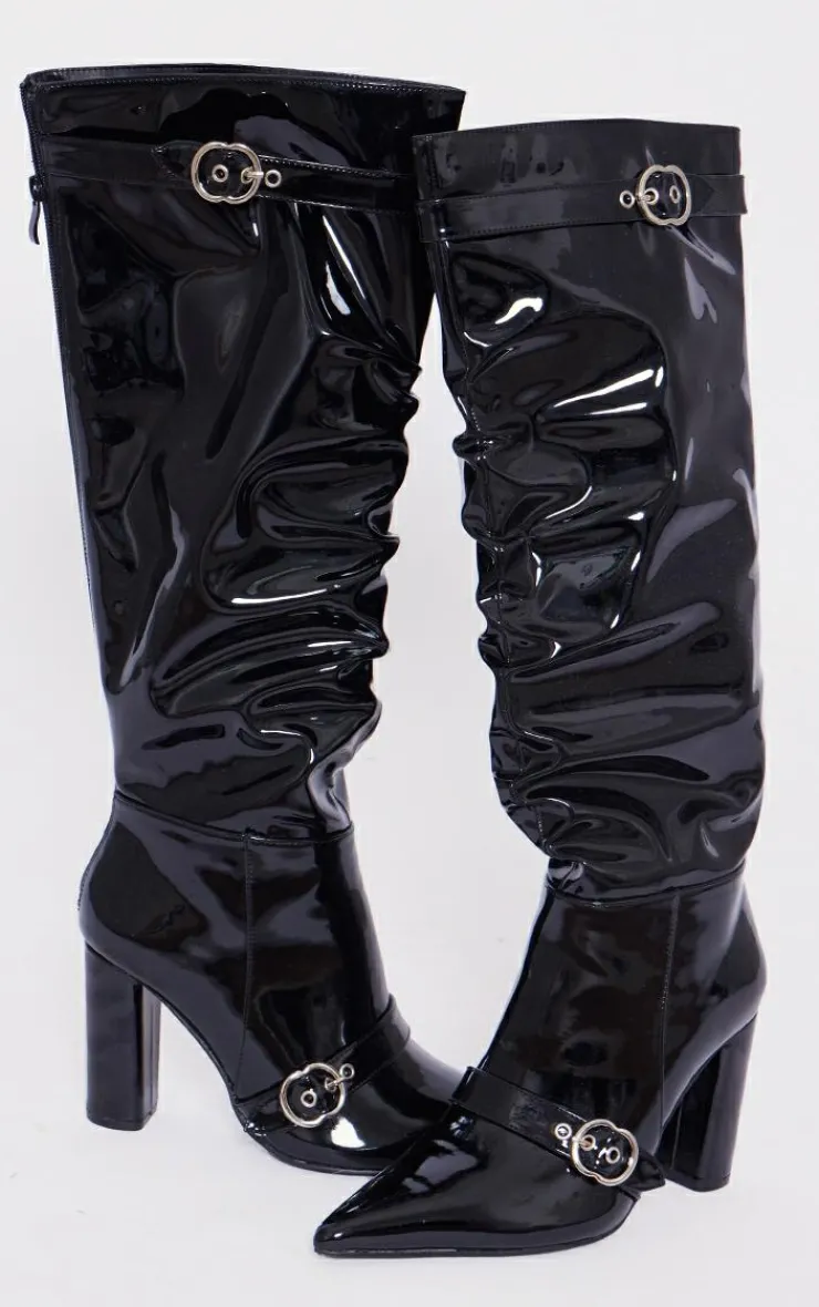 PrettyLittleThing Wide Fit Heels*Wide Fit Patent Pu Point Toe Buckle Ruched Block Heel Knee Boots