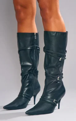 PrettyLittleThing Wide Fit Heels*Wide Fit PU Calf High Buckle Low Heeled Boots
