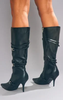 PrettyLittleThing Wide Fit Heels*Wide Fit PU Calf High Buckle Low Heeled Boots