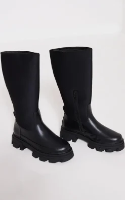 PrettyLittleThing Wide Fit Boots*Wide Fit Pu Contrast Panel Round Toe Chunky Calf High Boots