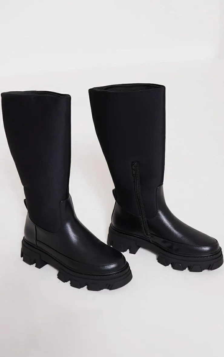 PrettyLittleThing Wide Fit Boots*Wide Fit Pu Contrast Panel Round Toe Chunky Calf High Boots