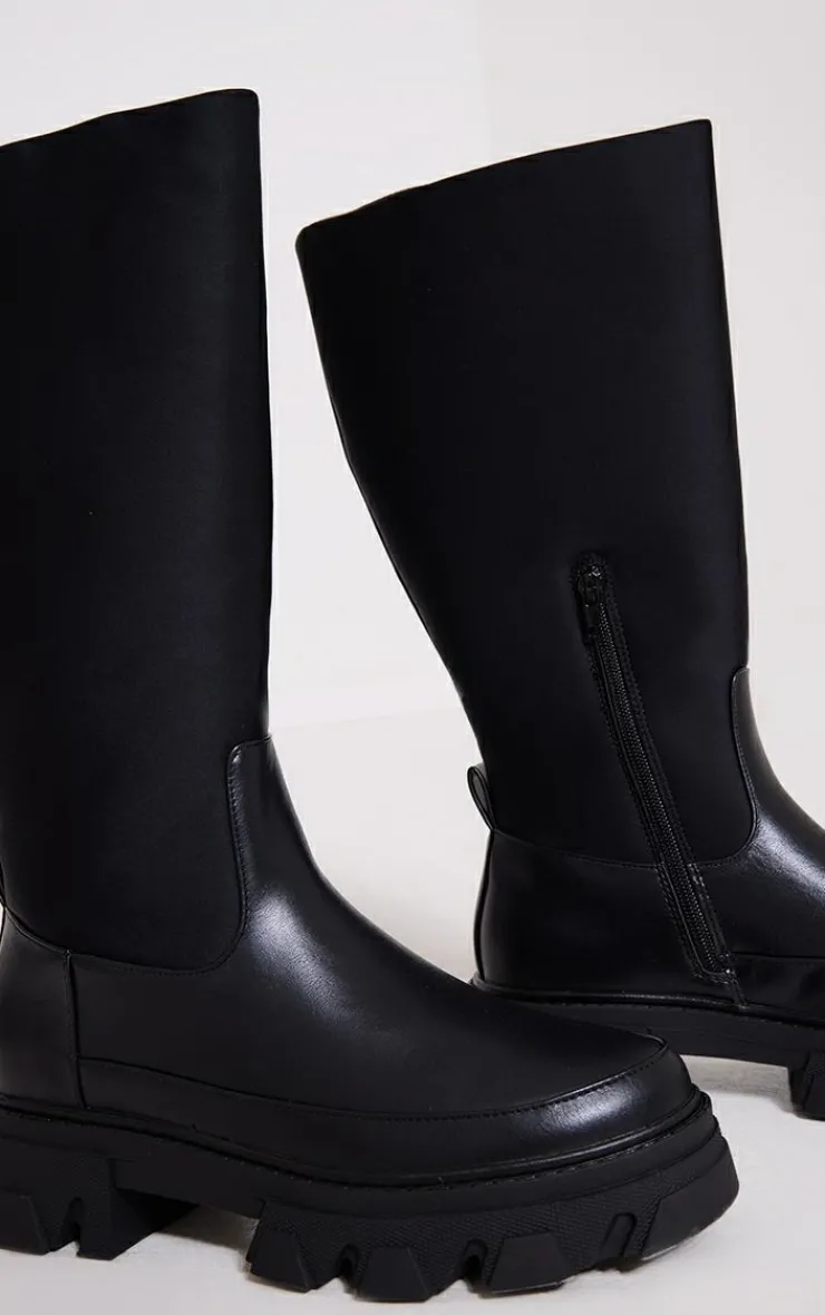 PrettyLittleThing Wide Fit Boots*Wide Fit Pu Contrast Panel Round Toe Chunky Calf High Boots