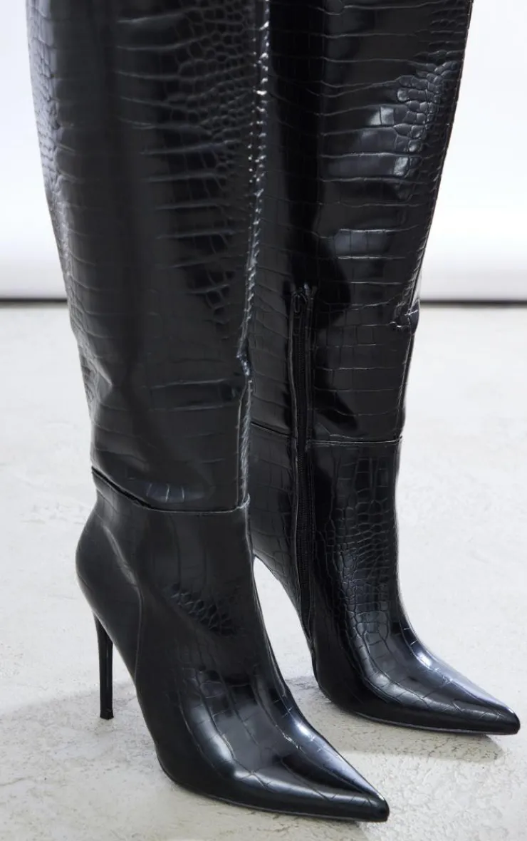 PrettyLittleThing Wide Fit Heels*Wide Fit PU Croc Point Toe High Stiletto Heeled Knee Boots