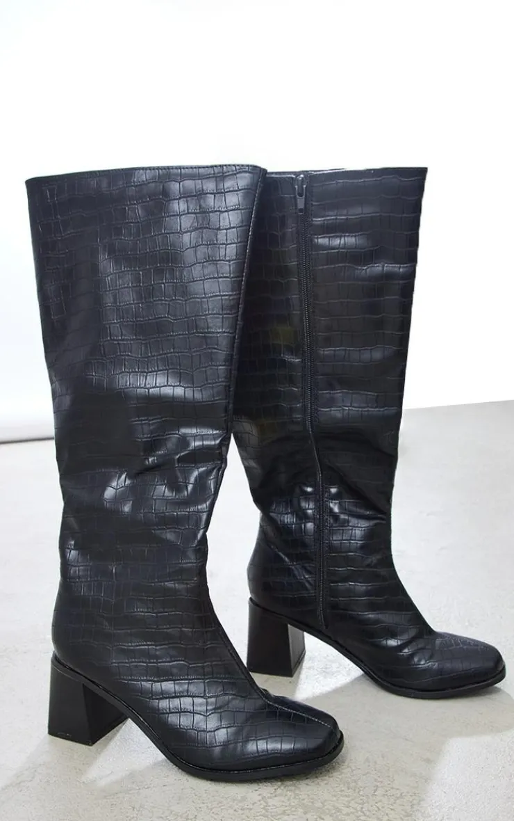 PrettyLittleThing Wide Fit Heels*Wide Fit Pu Croc Square Toe Mid Block Heeled Knee Boots