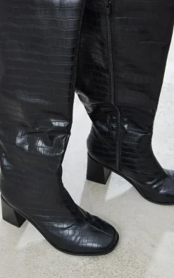 PrettyLittleThing Wide Fit Heels*Wide Fit Pu Croc Square Toe Mid Block Heeled Knee Boots