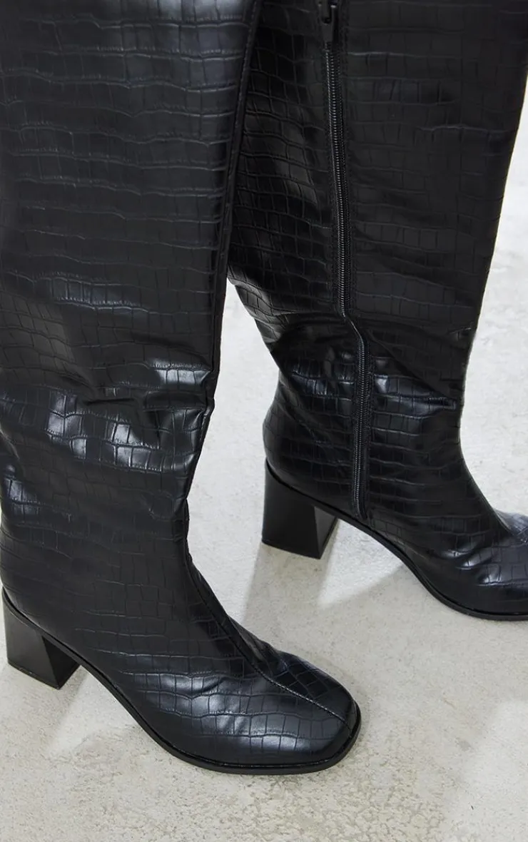PrettyLittleThing Wide Fit Heels*Wide Fit Pu Croc Square Toe Mid Block Heeled Knee Boots