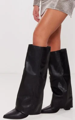 PrettyLittleThing Wide Fit Heels*Wide Fit PU Fold Over Knee High Block Heeled Western Boots
