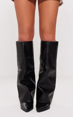 PrettyLittleThing Wide Fit Heels*Wide Fit PU Fold Over Knee High Block Heeled Western Boots