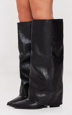 PrettyLittleThing Wide Fit Heels*Wide Fit PU Fold Over Knee High Block Heeled Western Boots