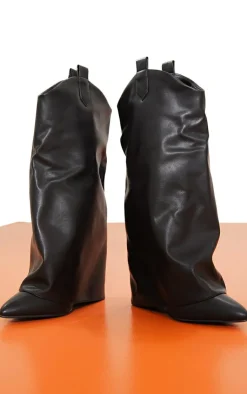 PrettyLittleThing Wide Fit Heels*Wide Fit Pu Point Toe Fold Over High Heeled Calf High Boots