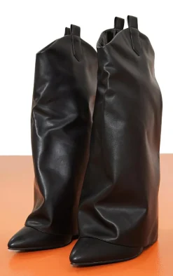 PrettyLittleThing Wide Fit Heels*Wide Fit Pu Point Toe Fold Over High Heeled Calf High Boots