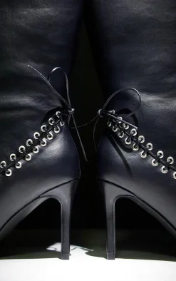 PrettyLittleThing Wide Fit Boots*Wide Fit Pu Point Toe Laced Eyelet Knee High Heeled Boots