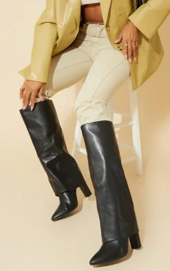 PrettyLittleThing Wide Fit Heels*Wide Fit Pu Pointed Fold Over Block Heel Knee Boots