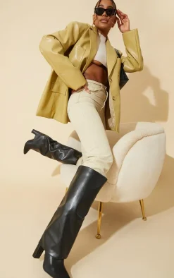 PrettyLittleThing Wide Fit Heels*Wide Fit Pu Pointed Fold Over Block Heel Knee Boots