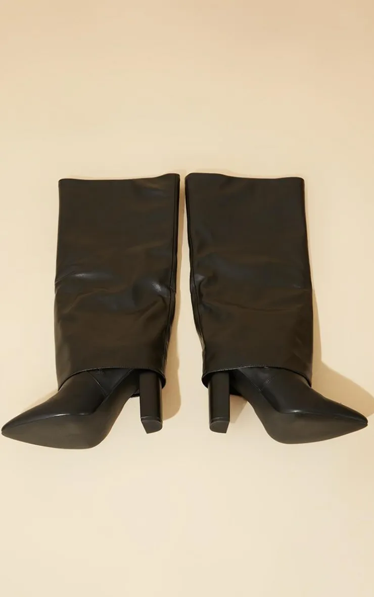 PrettyLittleThing Wide Fit Heels*Wide Fit Pu Pointed Fold Over Block Heel Knee Boots