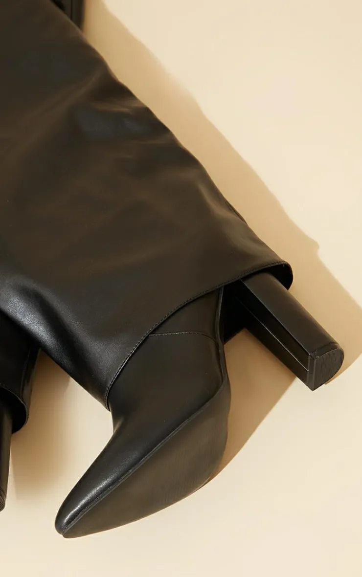 PrettyLittleThing Wide Fit Heels*Wide Fit Pu Pointed Fold Over Block Heel Knee Boots