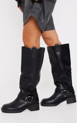 PrettyLittleThing Wide Fit Boots*Wide Fit Pu Round Toe Buckle Detail Knee High Boots