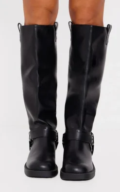PrettyLittleThing Wide Fit Boots*Wide Fit Pu Round Toe Buckle Detail Knee High Boots