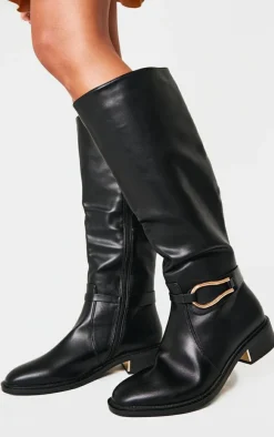 PrettyLittleThing Wide Fit Boots*Wide Fit Pu Round Toe Gold Buckle Block Heel Knee High Boots