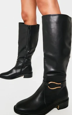 PrettyLittleThing Wide Fit Boots*Wide Fit Pu Round Toe Gold Buckle Block Heel Knee High Boots