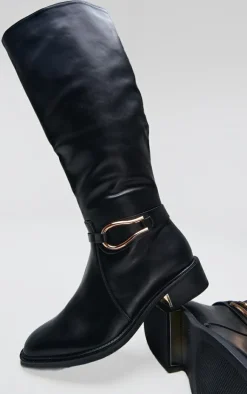 PrettyLittleThing Wide Fit Boots*Wide Fit Pu Round Toe Gold Buckle Block Heel Knee High Boots